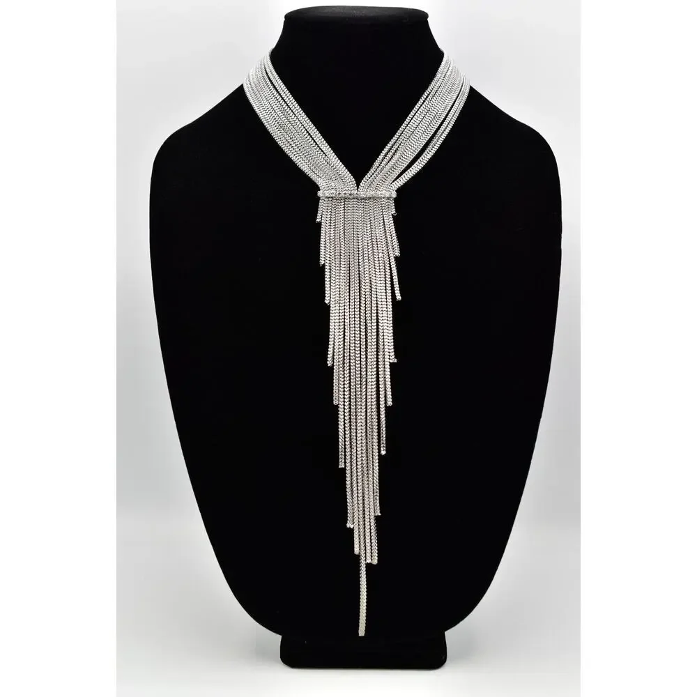 Vintage Y2K Fringe Necklace Crystal Multi-Chain Y-Drop Silver Tone Chunky Bin3B